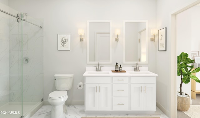 bathroom with vanity, a shower with shower door, and toilet