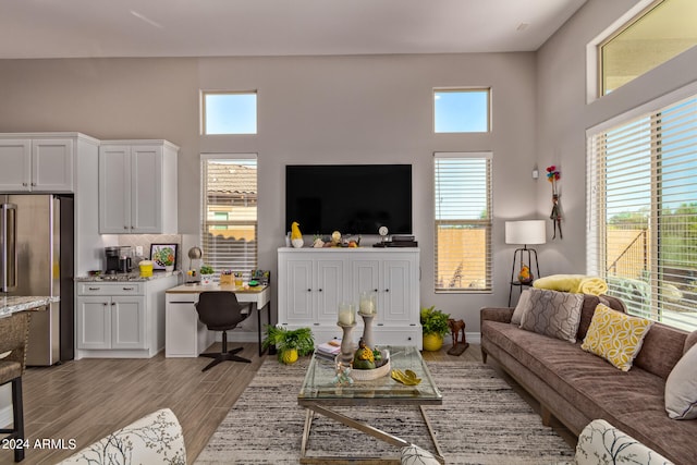 living room featuring plenty of natural light, a towering ceiling, and light wood-type flooring