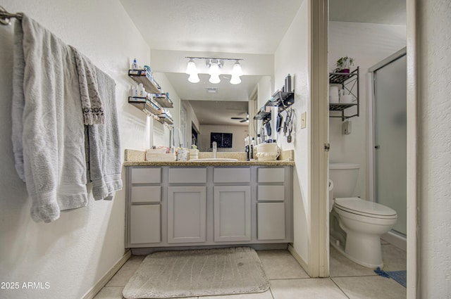 3600 N Hayden Rd Unit 2310, Scottsdale, AZ 85251 - bathroom with tile patterned floors, vanity, a stall shower, toilet, and a textured wall