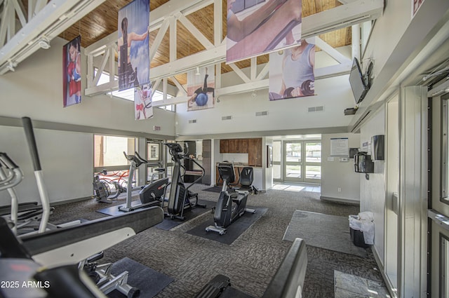 3600 N Hayden Rd Unit 2310, Scottsdale, AZ 85251 - exercise room featuring high vaulted ceiling, plenty of natural light, and carpet flooring