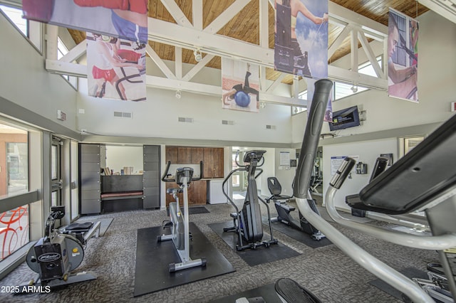 3600 N Hayden Rd Unit 2310, Scottsdale, AZ 85251 - workout area featuring high vaulted ceiling, wood ceiling with exposed beams, and plenty of natural light