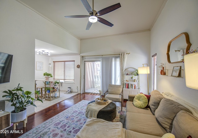 3600 N Hayden Rd Unit 2310, Scottsdale, AZ 85251 - living area with ornamental molding, ceiling fan, and wood finished floors
