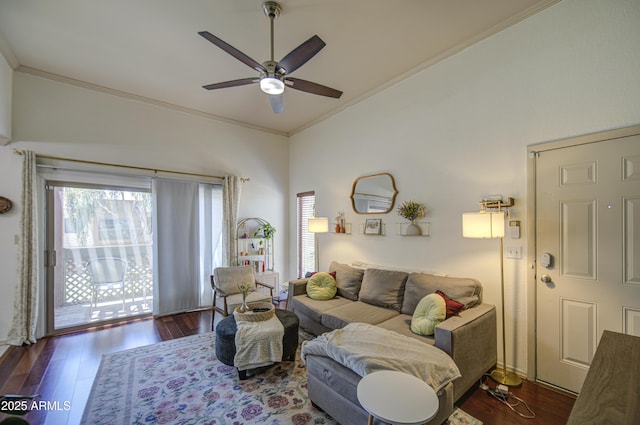 3600 N Hayden Rd Unit 2310, Scottsdale, AZ 85251 - living room with a ceiling fan, ornamental molding, wood finished floors, and lofted ceiling