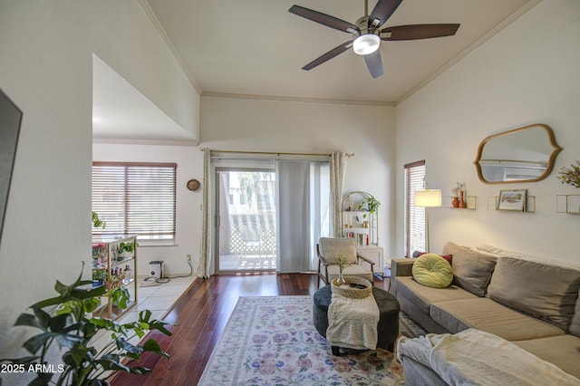 3600 N Hayden Rd Unit 2310, Scottsdale, AZ 85251 - living area featuring a ceiling fan, ornamental molding, and wood finished floors