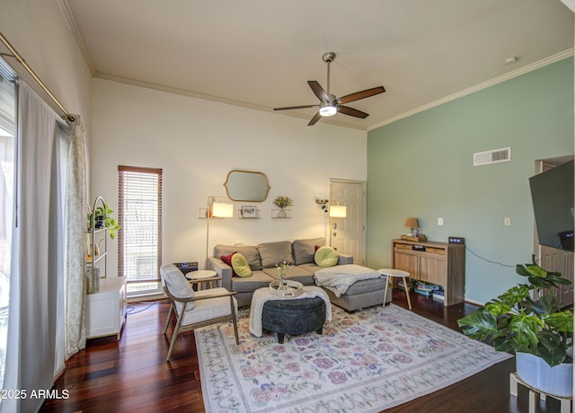 3600 N Hayden Rd Unit 2310, Scottsdale, AZ 85251 - living area featuring dark wood-style flooring, ceiling fan, and crown molding