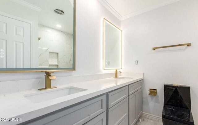 bathroom with crown molding, a sink, a marble finish shower, and double vanity