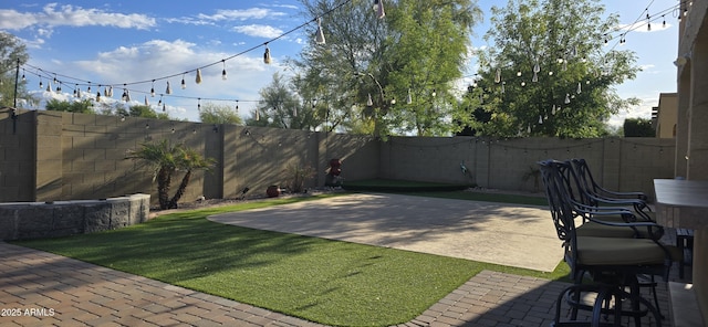 view of yard with a fenced backyard and a patio