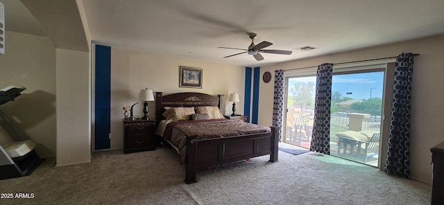 carpeted bedroom with ceiling fan, visible vents, and access to outside