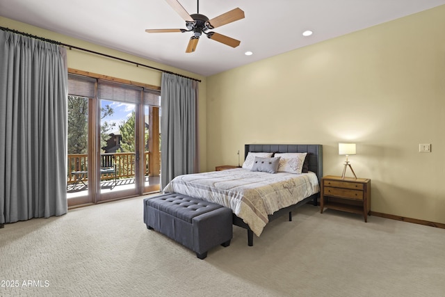 bedroom featuring access to exterior, ceiling fan, and carpet