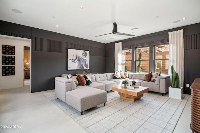 living room featuring ceiling fan