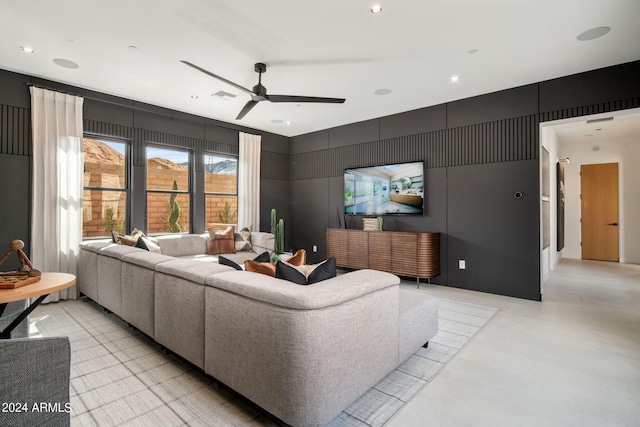 living room featuring ceiling fan