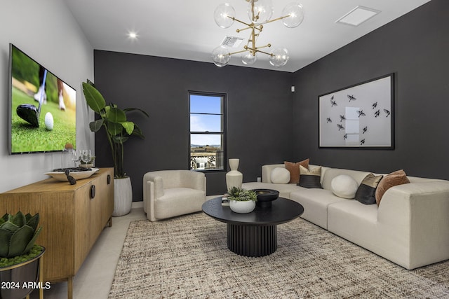 tiled living room featuring a chandelier