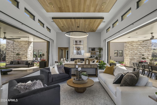 24046 N 126th Pl, Scottsdale, AZ 85255 - living room with wooden ceiling, a ceiling fan, and a towering ceiling