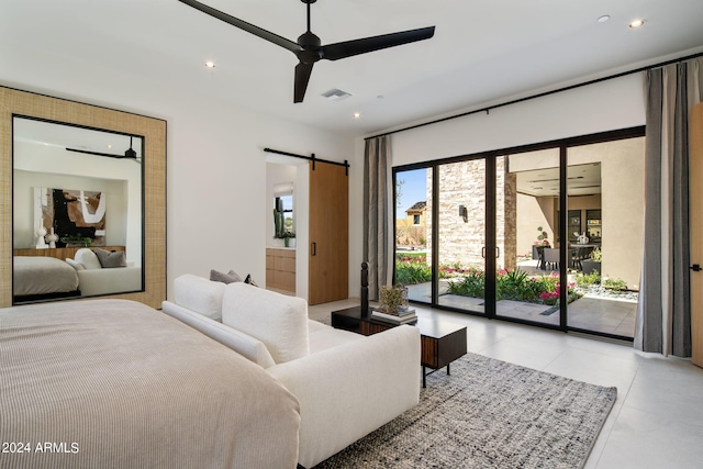 24046 N 126th Pl, Scottsdale, AZ 85255 - bedroom featuring access to exterior, a barn door, recessed lighting, light tile patterned floors, and a ceiling fan
