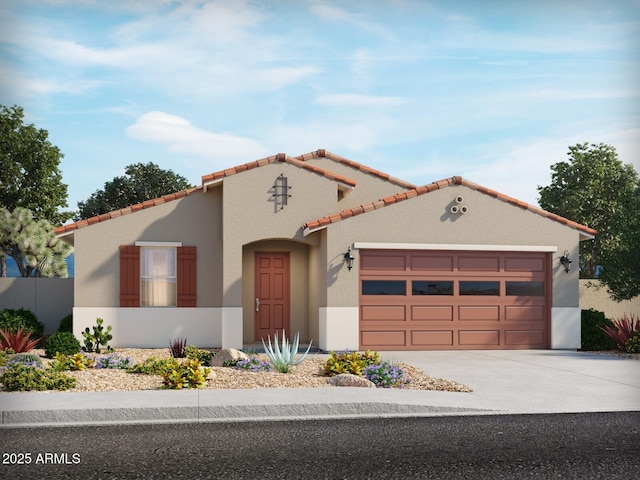 mediterranean / spanish-style home with a tiled roof, an attached garage, driveway, and stucco siding