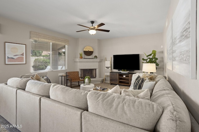 living room featuring ceiling fan