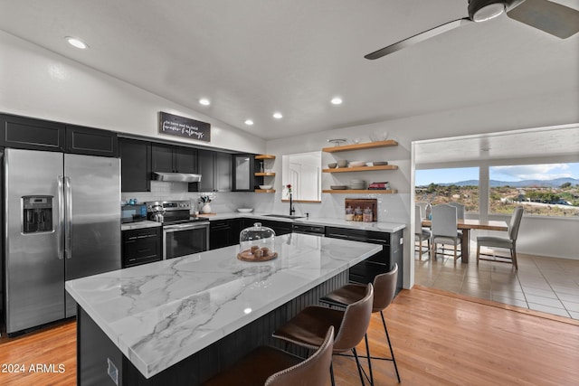 kitchen featuring lofted ceiling, light hardwood / wood-style floors, appliances with stainless steel finishes, and a kitchen island