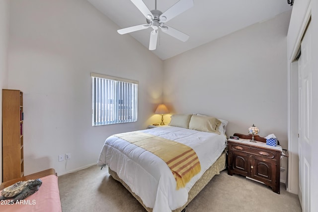 16230 E Glenpoint Dr, Fountain Hills, AZ 85268 - bedroom featuring a closet, high vaulted ceiling, light carpet, a ceiling fan, and baseboards