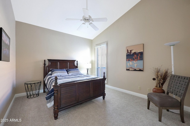 bedroom featuring ceiling fan, light carpet, and vaulted ceiling