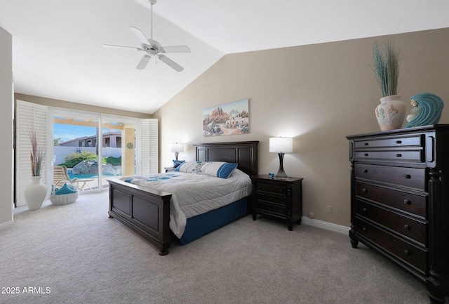 bedroom featuring access to outside, vaulted ceiling, ceiling fan, and light colored carpet