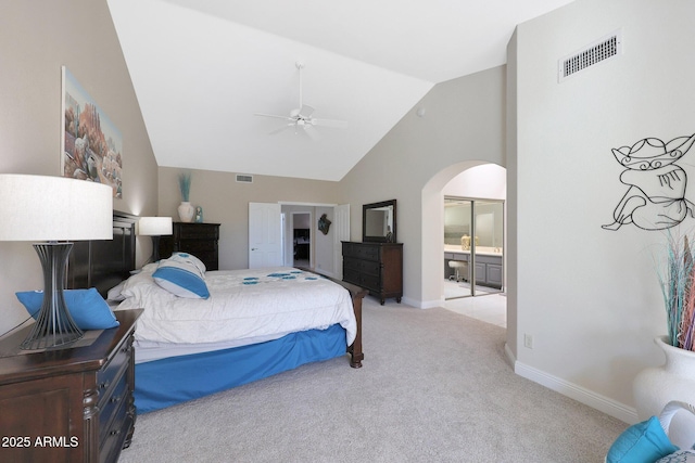 bedroom with light carpet, ceiling fan, and lofted ceiling