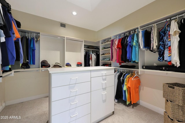 spacious closet featuring light carpet