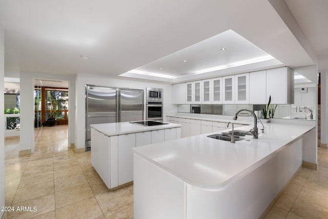 kitchen with appliances with stainless steel finishes, a raised ceiling, sink, a large island with sink, and white cabinets