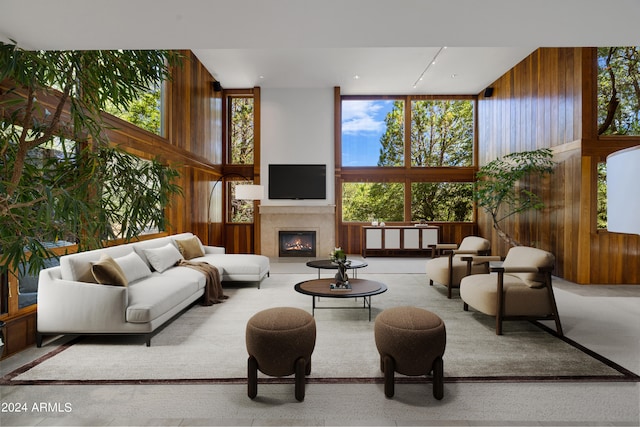 living room featuring wooden walls