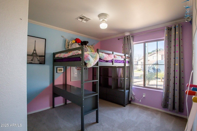 carpeted bedroom with crown molding