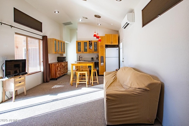 living room with high vaulted ceiling, light carpet, and a wall unit AC