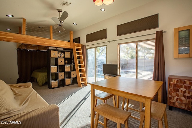 office with ceiling fan and carpet