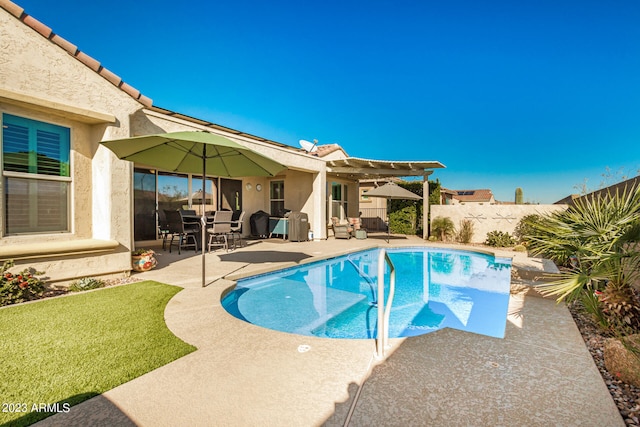 view of swimming pool with a patio and a yard