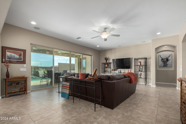 5771 W Cinder Brook Way, Florence, AZ 85132 - living area featuring a ceiling fan, light tile patterned floors, recessed lighting, and baseboards