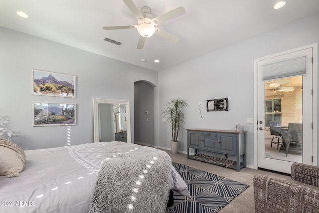 5771 W Cinder Brook Way, Florence, AZ 85132 - bedroom featuring carpet flooring, arched walkways, recessed lighting, baseboards, and ceiling fan