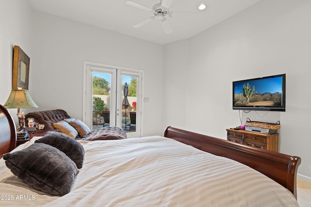 bedroom featuring ceiling fan and access to outside