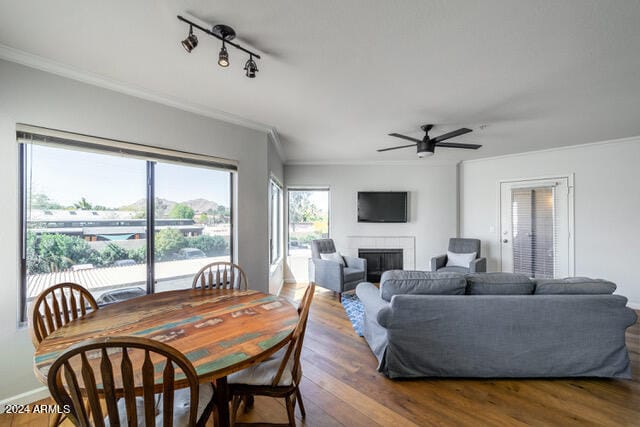 dining room with track lighting, ceiling fan, wood-type flooring, and ornamental molding