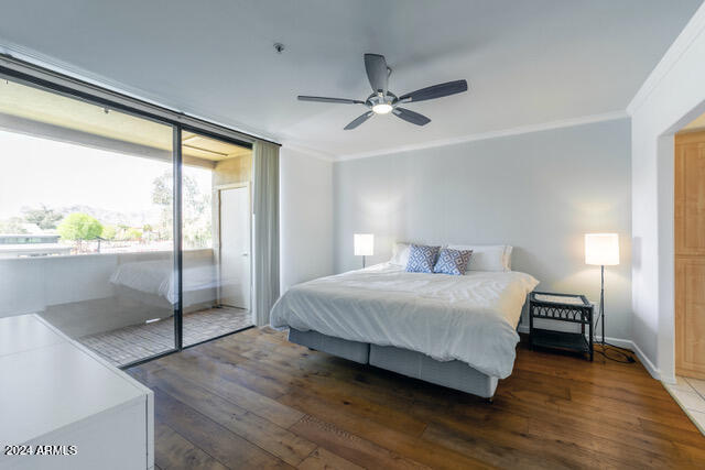 bedroom featuring crown molding, ceiling fan, dark hardwood / wood-style flooring, and access to outside