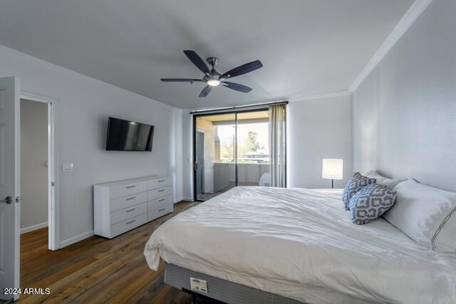 bedroom featuring crown molding, ceiling fan, dark hardwood / wood-style flooring, and access to outside