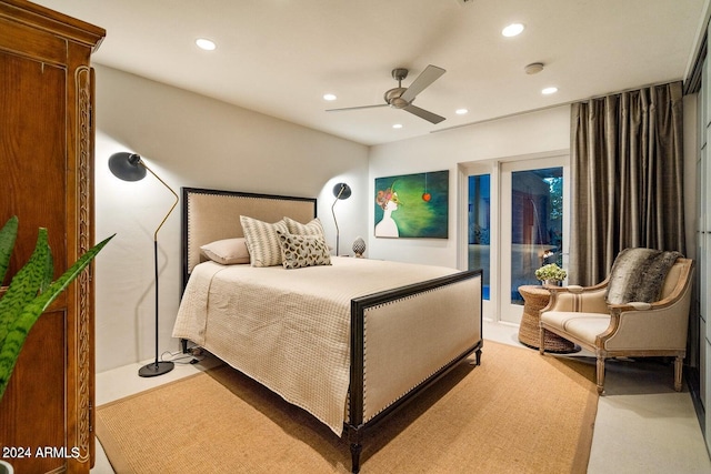 bedroom featuring ceiling fan, access to exterior, and light colored carpet