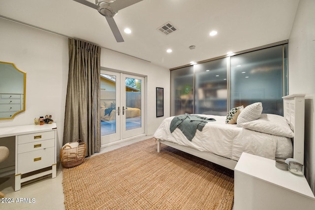 bedroom with french doors, ceiling fan, and access to outside