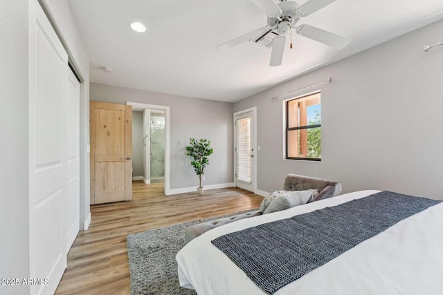 13227 N Mimosa Dr Unit 101, Fountain Hills, AZ 85268 - bedroom with light wood-type flooring, recessed lighting, a ceiling fan, and a closet