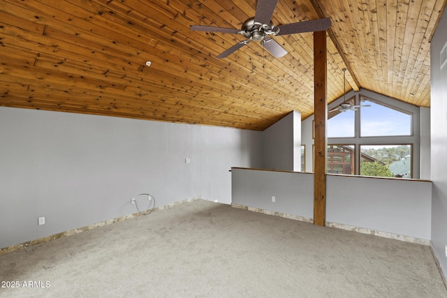 bonus room featuring lofted ceiling with beams, carpet floors, wood ceiling, and a ceiling fan