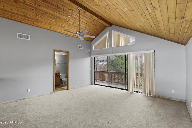 carpeted empty room featuring a ceiling fan, wood ceiling, visible vents, and high vaulted ceiling