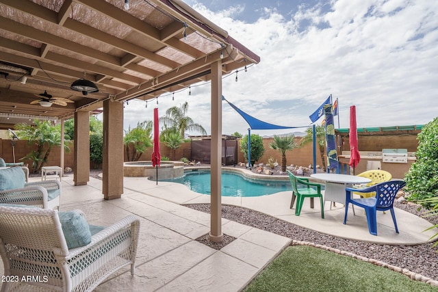 view of swimming pool featuring an outdoor kitchen, a grill, an in ground hot tub, ceiling fan, and a patio area