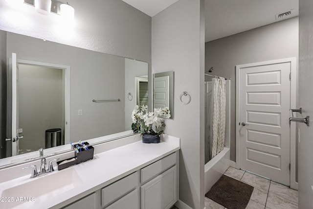 bathroom with shower / bath combination with curtain and vanity