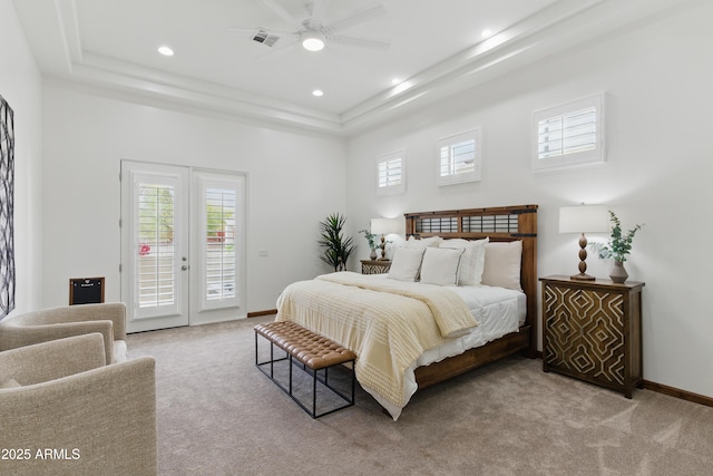 6146 E Dixileta Dr, Cave Creek, AZ 85331 - bedroom featuring a raised ceiling, multiple windows, carpet flooring, and access to exterior