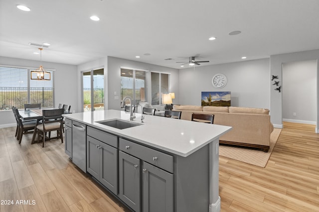 kitchen with pendant lighting, sink, light hardwood / wood-style flooring, a center island with sink, and ceiling fan