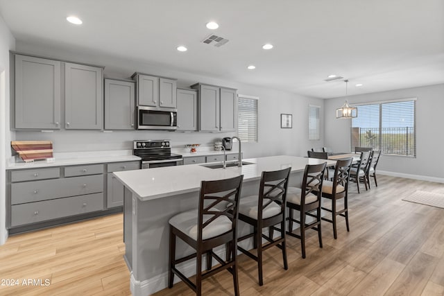 kitchen featuring a center island with sink, light hardwood / wood-style floors, sink, and stainless steel appliances