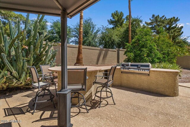 view of patio / terrace featuring fence and exterior kitchen