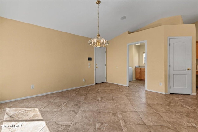 unfurnished room with an inviting chandelier, baseboards, and vaulted ceiling
